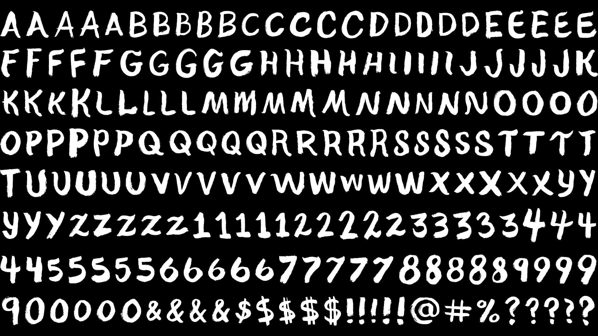All 5 of the Frenchy hand painted brush sets showing the variants between each character of the alphabet in each set.